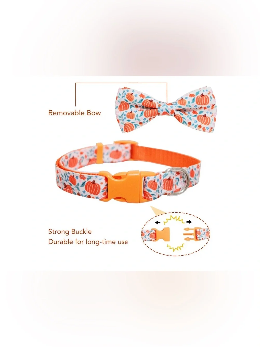 Pumpkin Print Pet Collar with Bow Tie - Orange & White